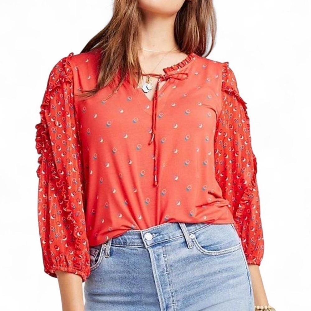 Maeve by Anthropologie Coral Tie-Front Printed Puff Sleeve Blouse